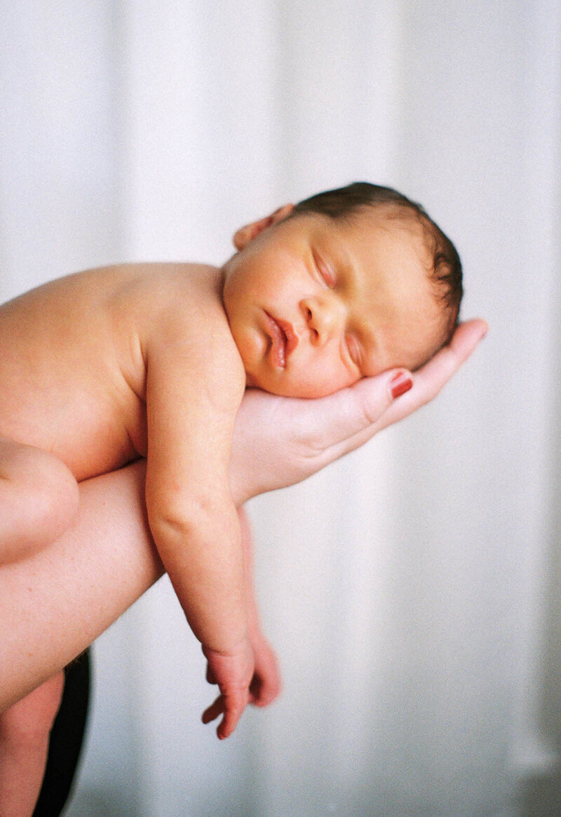 film portrait of newborn in arms