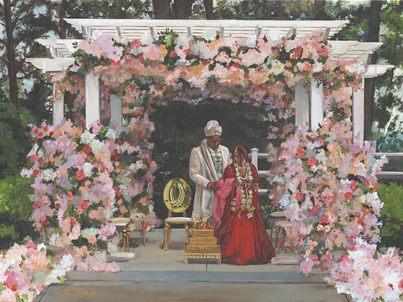 Bride and groom outside of their home