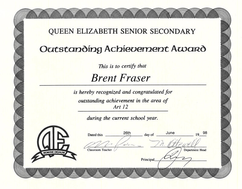 Brent Ray Fraser Queen Elizabeth Art 12 Achievement Award 1998