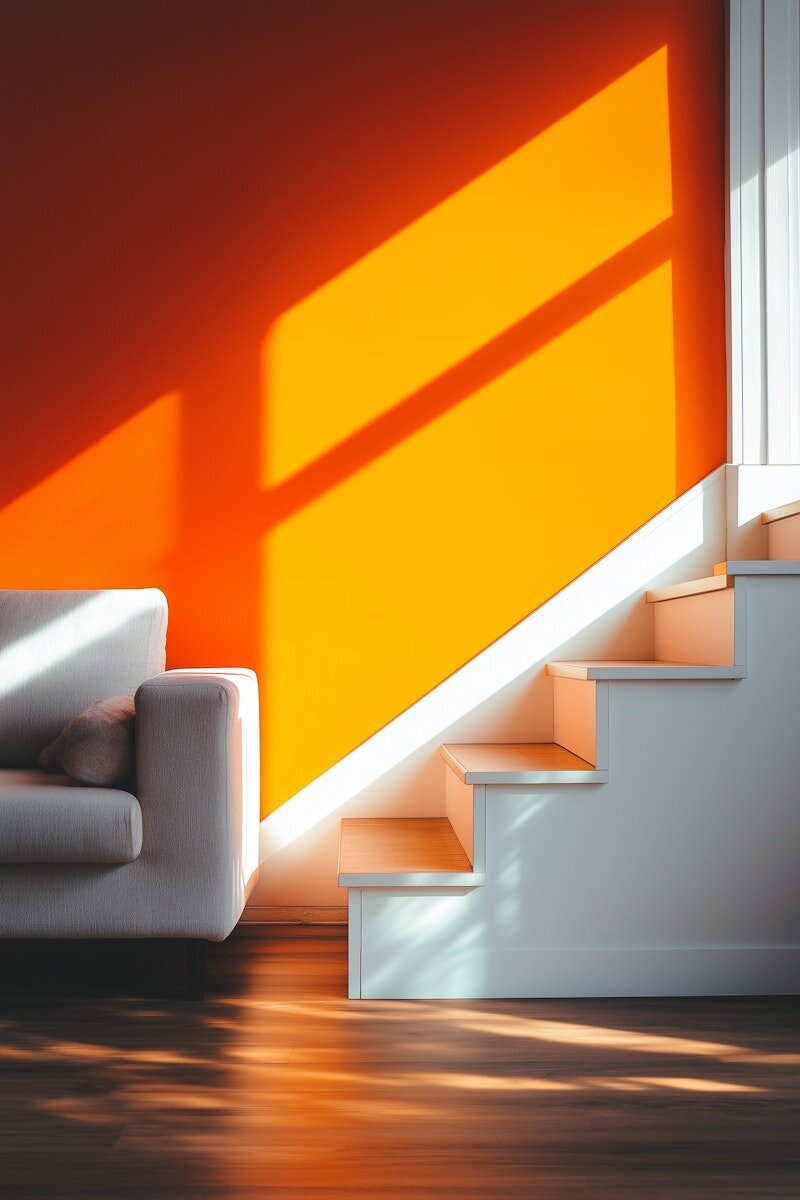 bílé schody vedoucí k oknu, vlevo od nich je vidět kousek světlého sofa, za nimi je oranžová zeď