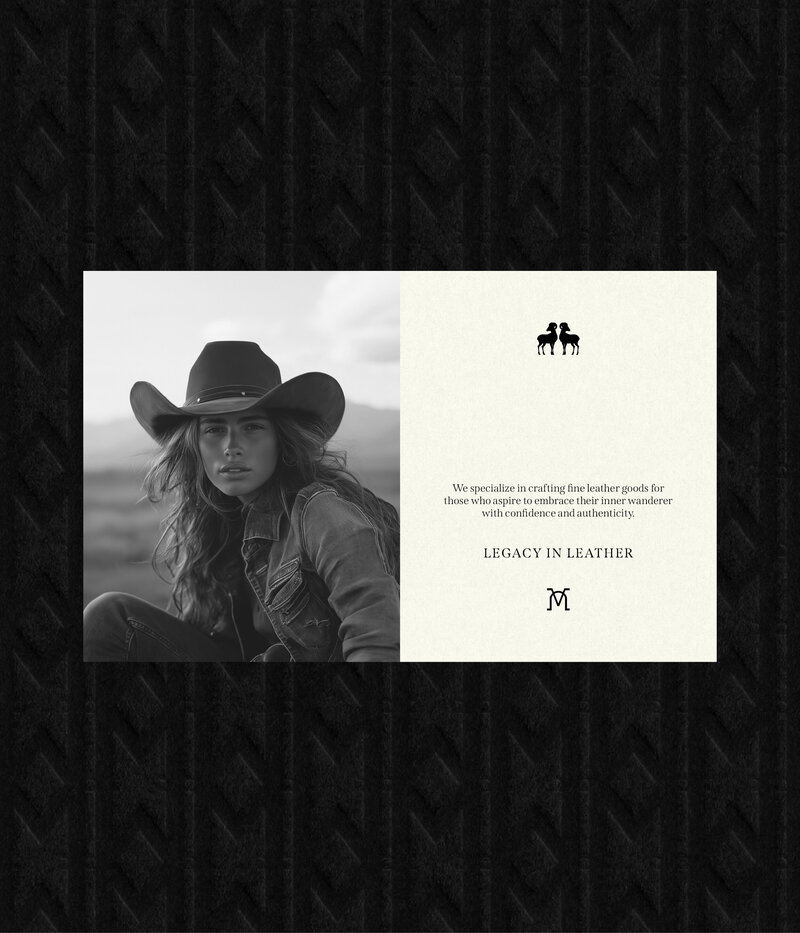 Western-inspired brand identity for fine leather goods featuring female model in cowboy hat and brand message on thank you note.