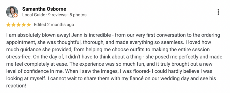 Screenshot of Google review for boudoir photography by Boudoir By Jennifer Smith