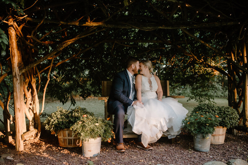 wedding couple sitting on bench under lush green tree canopy laughing almost kissing