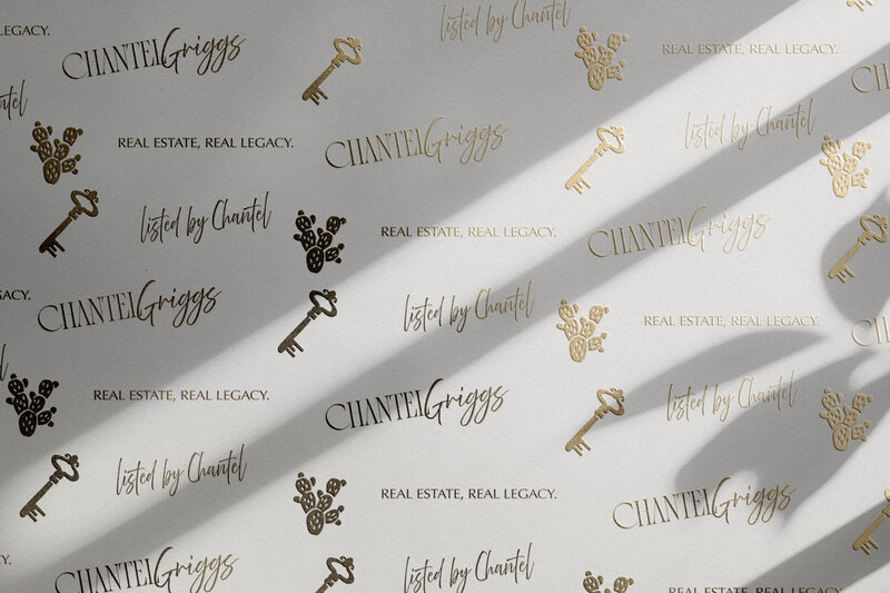 Gold foil logo pattern design for Chantel Griggs luxury real estate brand, created by Her Higher Standard Design Studio for cohesive and memorable visual branding.