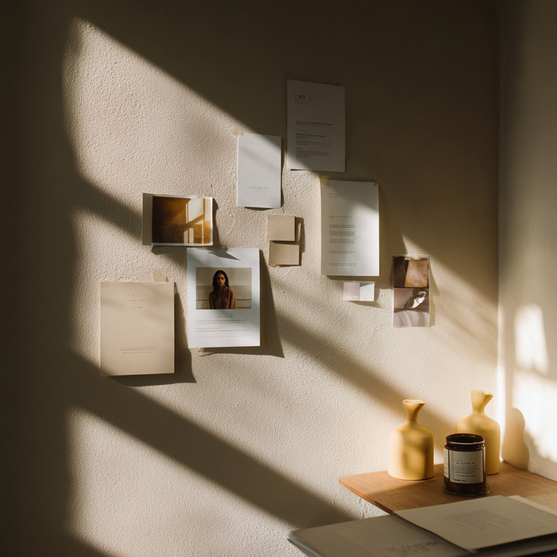 website design moodboard on minimal wall with light and shadows