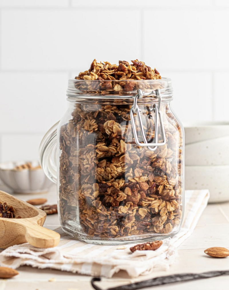 a glass mason jar filled with pecans