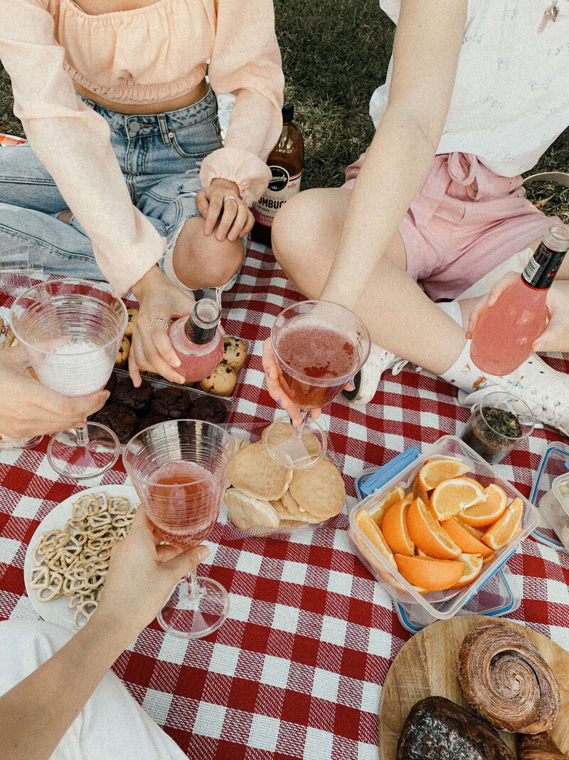 Friends doing picnic holding wine glasses and has foods