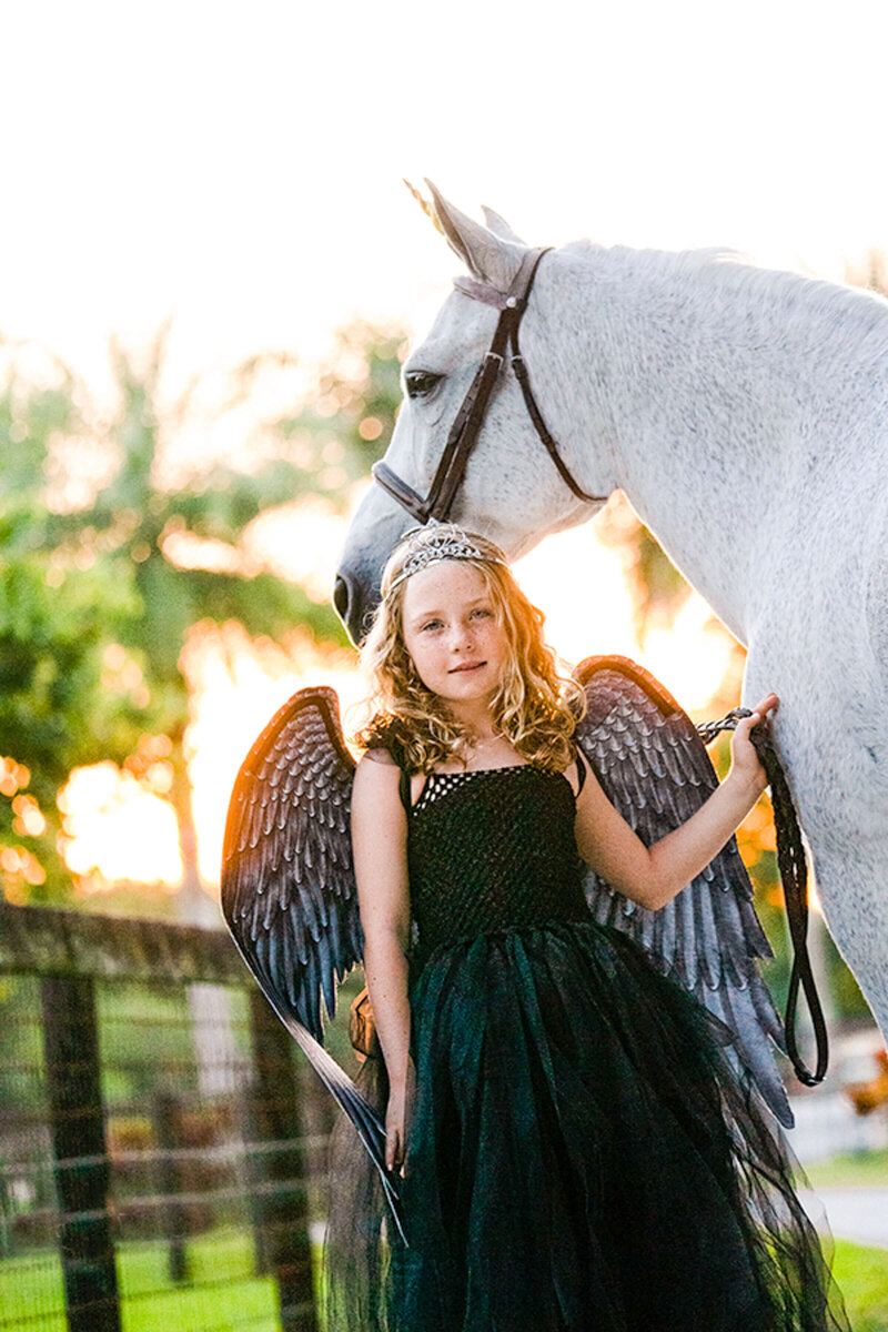clearwater florida equine photography of a girl in a black dress standing next to her white horse