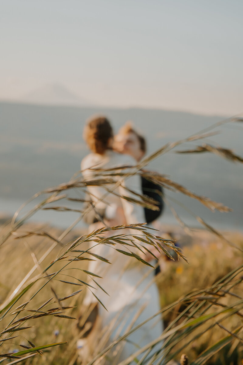 Bride and groom hugging in a grassy field