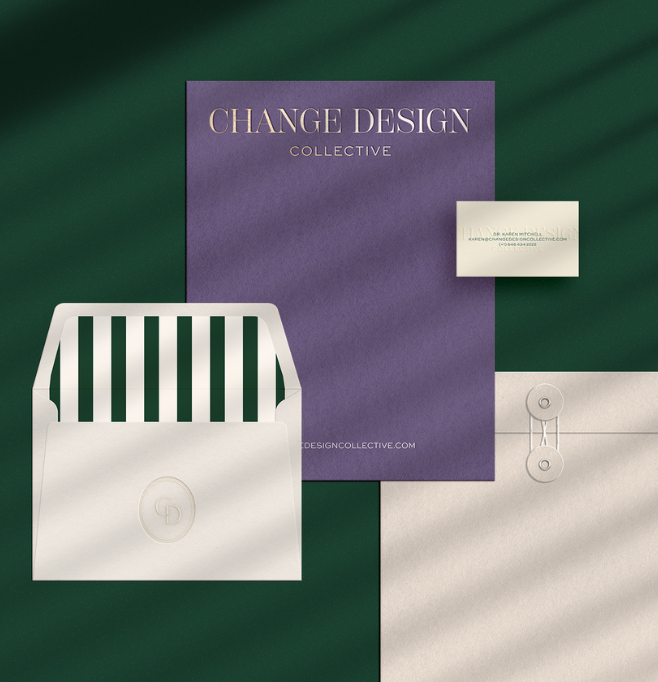 Stationery design for a Florida-based change consultancy on green background