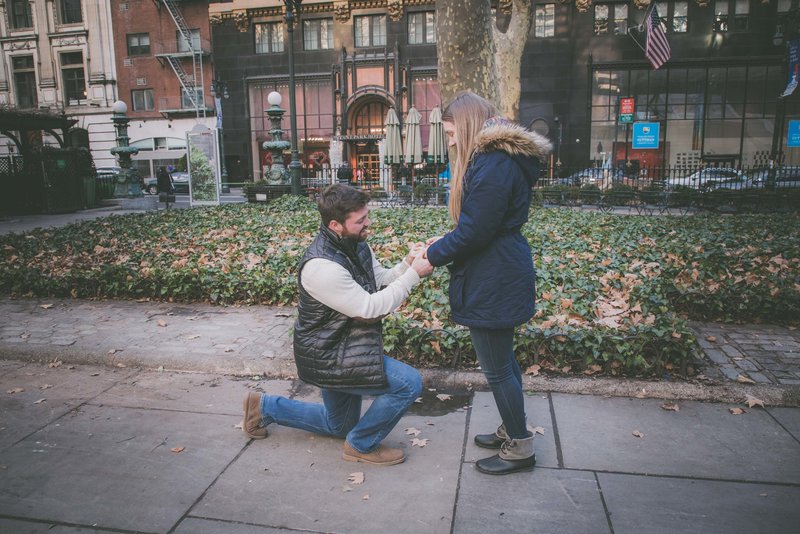 A couple gets engaged at Bryant Park in New York City.