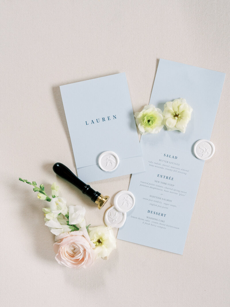 Vail Wedding Menu place card with wax seal
