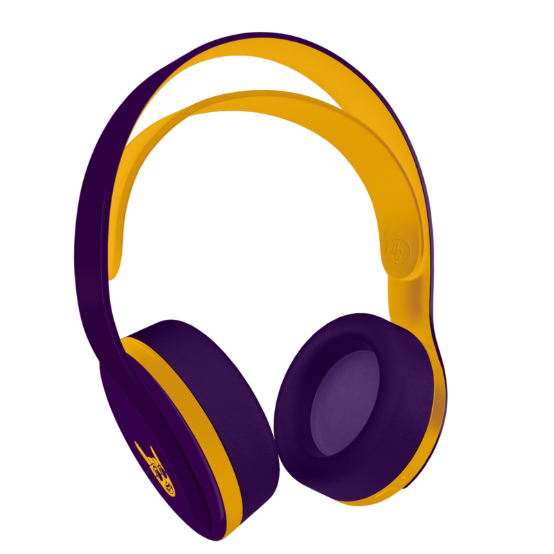 Puprle and yellow headphones for the brand Don Charlieee. Mascot on ear muff shows rocker hander symbol.