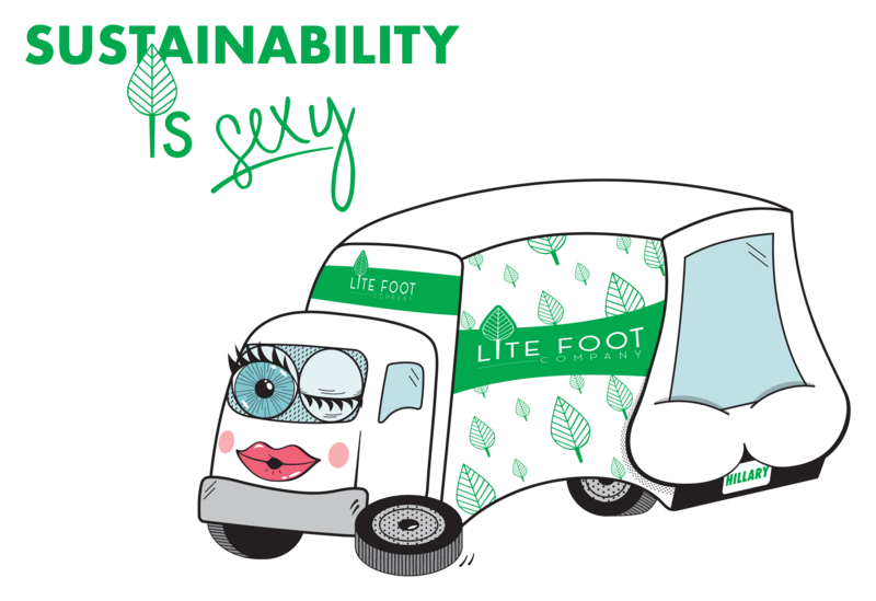 "Sustainability is sexy" with a cartoon, anthropomorphic box truck blowing a kiss