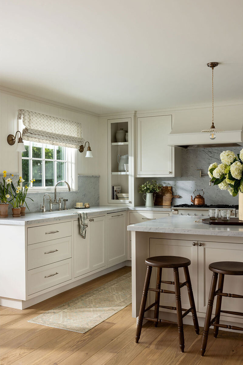Southern California interior design of a remodeled kitchen, with textured wallpaper and fresh styling