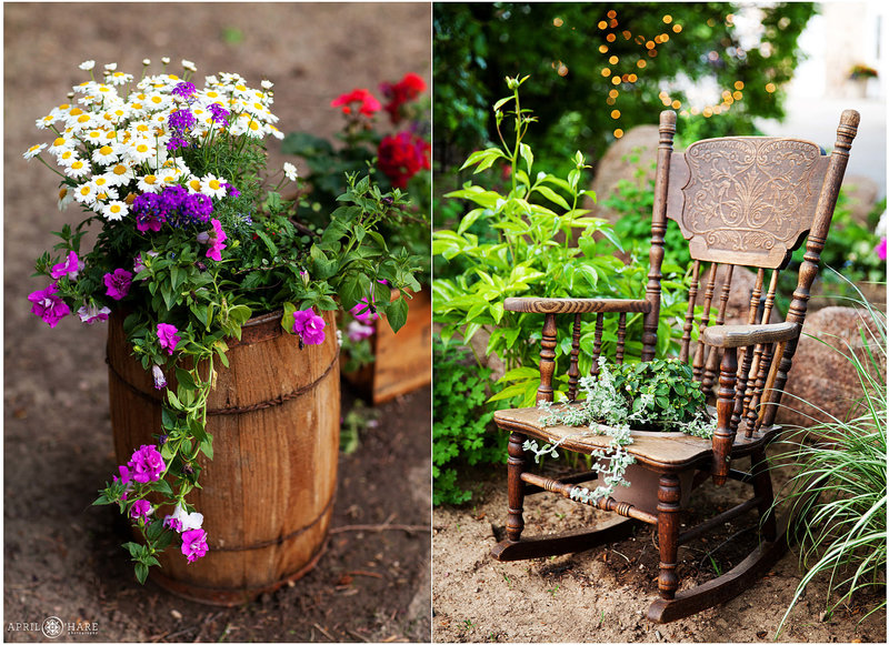 Garden detail photos with rustic and quaint garden decor at Tapestry House Fort Collins