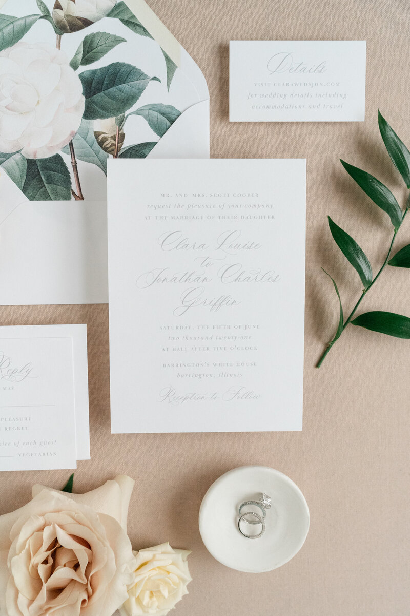 Simple and Classic Gray Semi-Custom Wedding Invitation with Script and Vintage Floral Envelope Liner