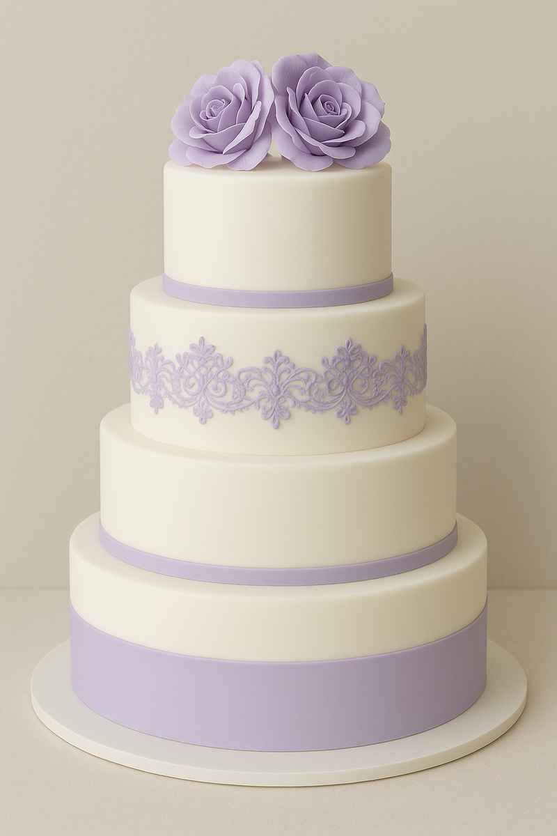 Luxury wedding cake in cream white and lilac with lilac decorations and roses on the top
