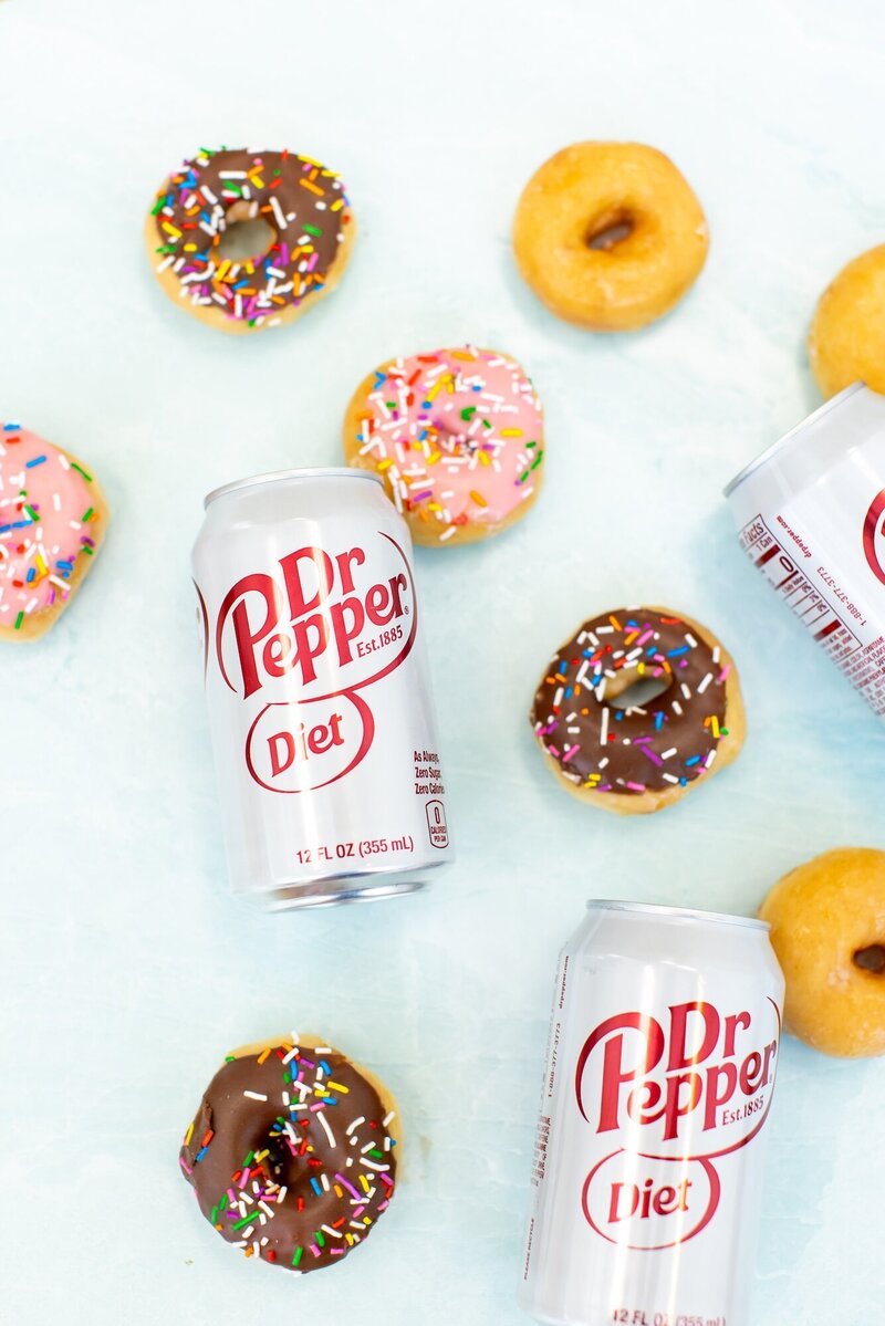 Diet Dr. Pepper next to mini donuts