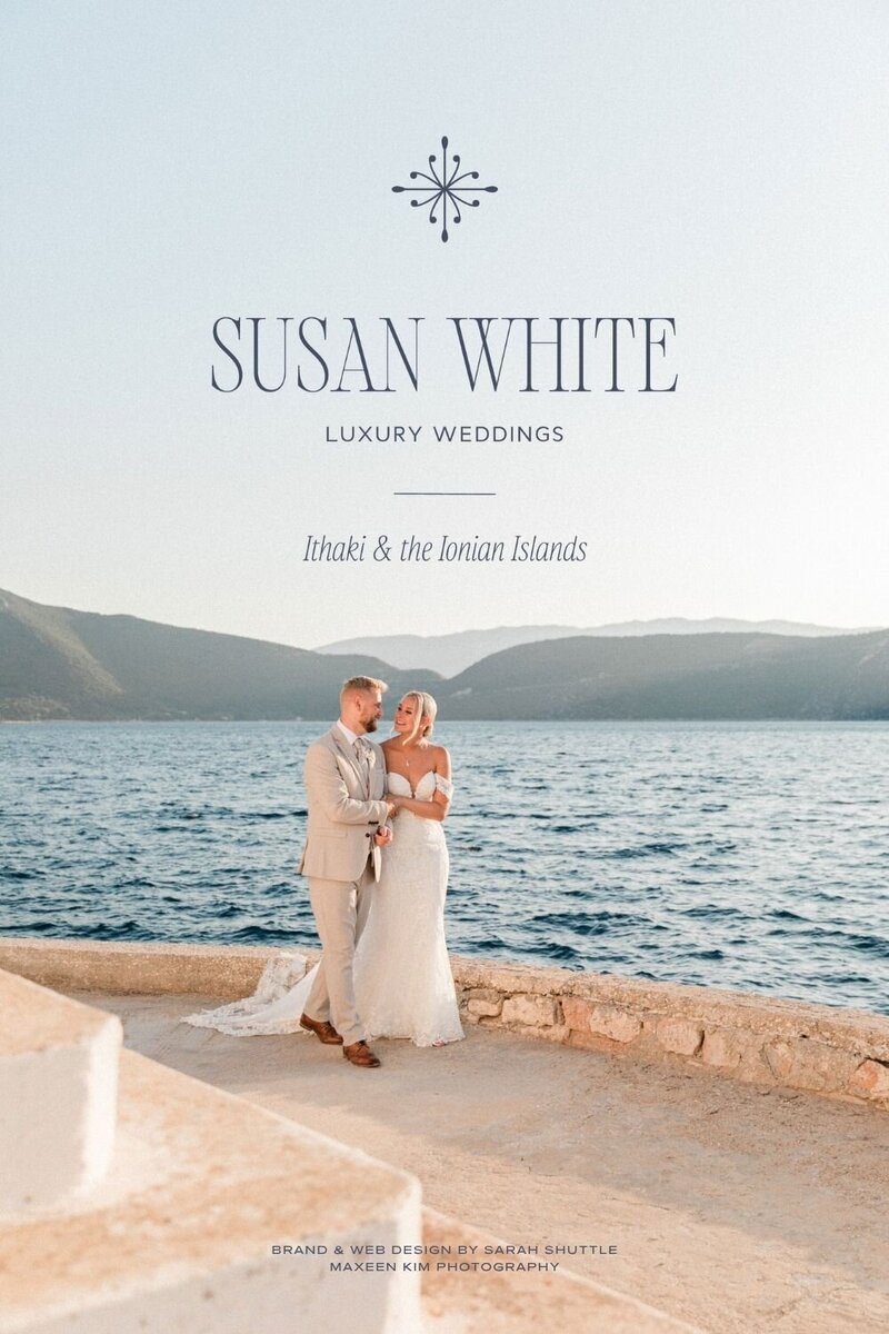 Susan White Luxury Weddings logo design displayed over a photo of a couple by the sea, reflecting romance and luxury inspired by the Ionian coast.