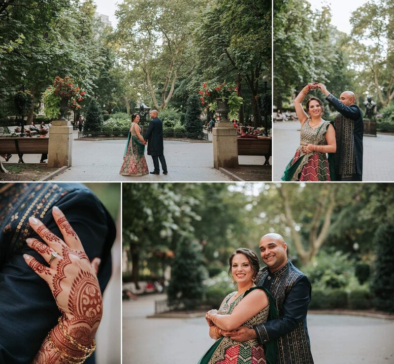 Couple standing outside taking photos right before Mehndi night