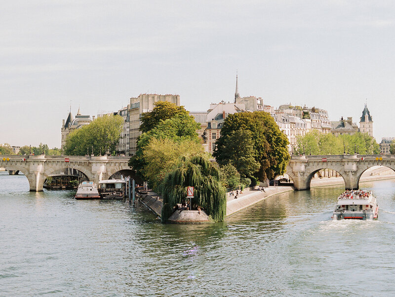 Photo of Parisian peninsula coming out into the river as the focal point of the photo, the photographer is on the other side of the river. There are willow trees, Parisian buildings, and two arching bridges coming off of the right and left sides.