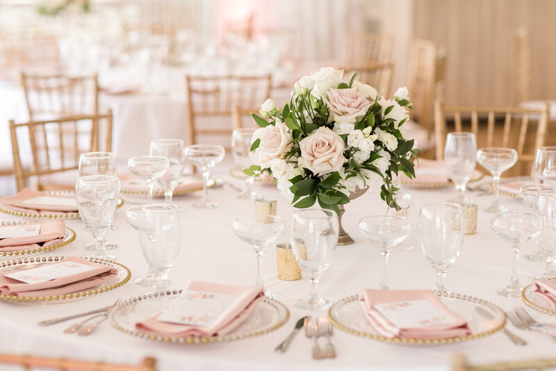 Blush pink reception table at the Lesner Inn in Virginia Beach.