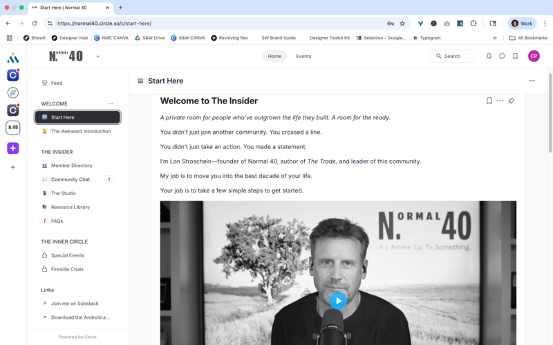Laptop screen showing Lon Stroschein welcoming members to The Insider, a private Normal 40 community hosted on Circle