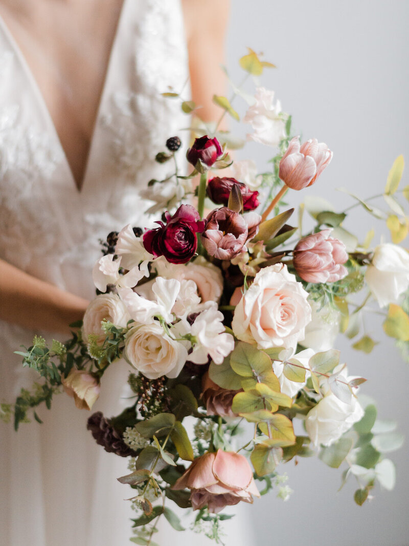 Burgundy, blush, cream bridal bouquet by Luster Floral Design at Sinclair and Moore Workshop, photo by Kristen Honeycutt Photo Co