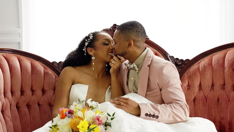 African american wedding couple kissing