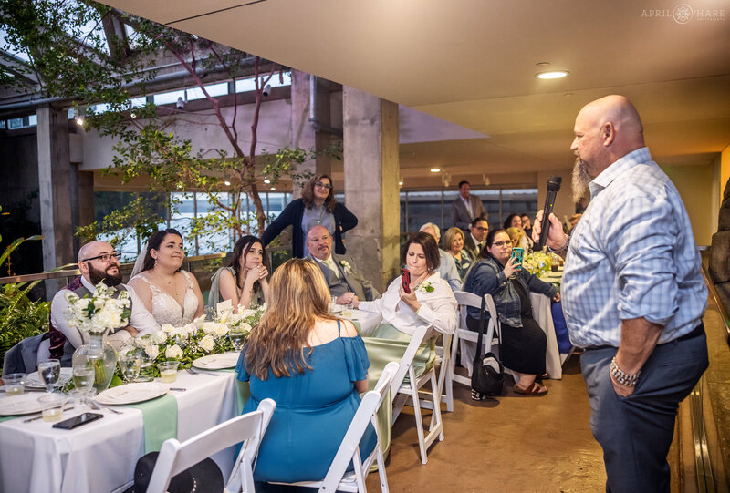 Wedding speeches on the 2nd floor of Marnie's Pavilion at Denver Botanic Gardens Reception