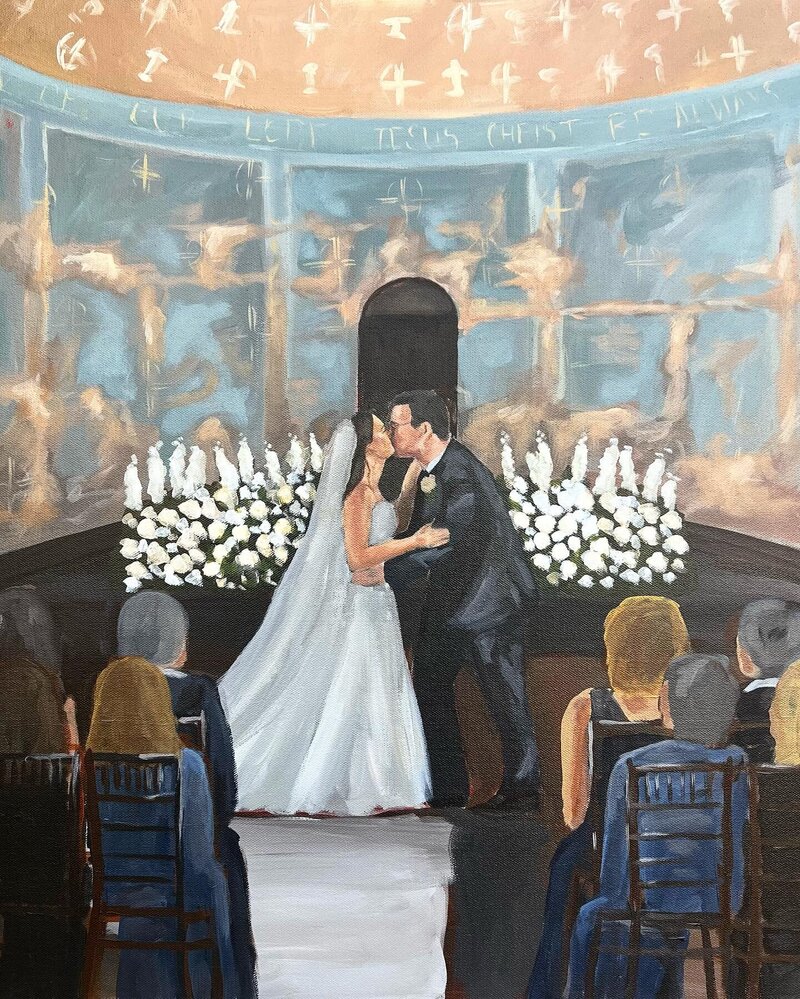 painting of bride and groom outdoors