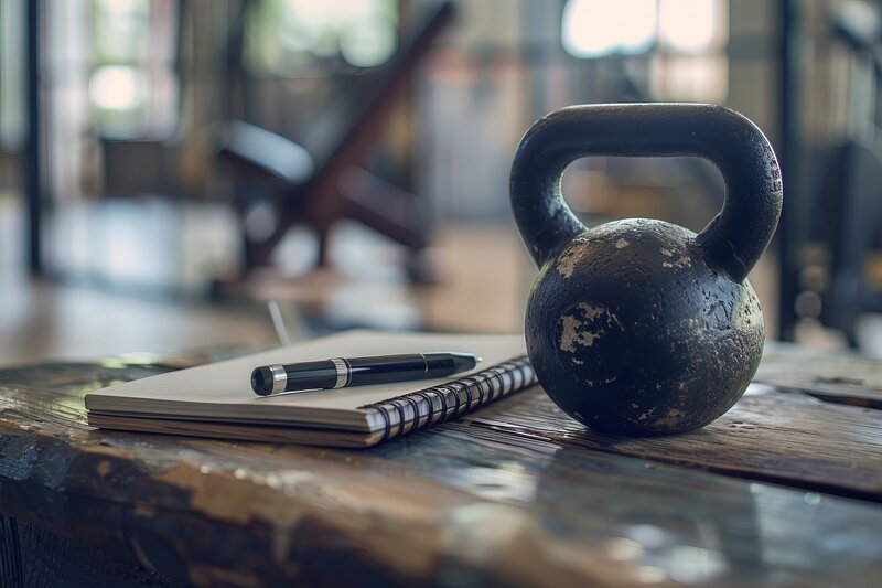 Kettlebell on a fitness bench with a workout journal and pen nearby