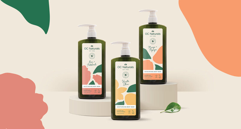 Group image of packaging design for body wash range for OC Naturals with bright abstract shapes in background