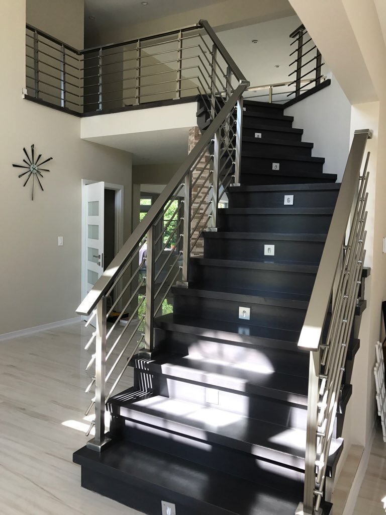 Top Quality Modern Aluminum Interior & Exterior Railings & Hand Rails. Rust Resistant & comes in silver, black, dark & light wood.