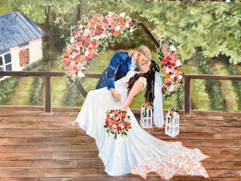 Live painting of bride and groom's romantic ceremony exit, painted at Koury Farms in Auburn, GA, with a vineyard background