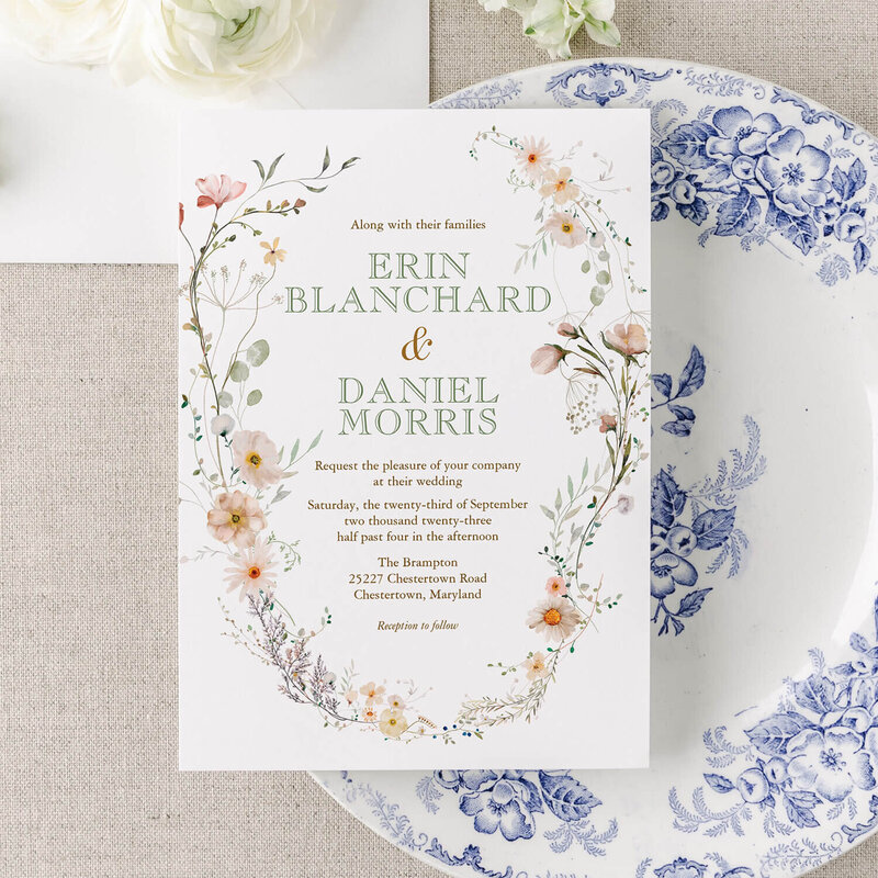Custom designed wedding invitation with botanical touches