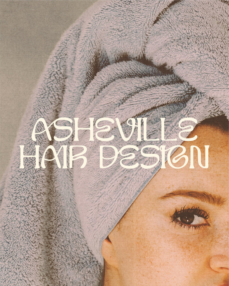 woman with a shower towel on her head and the main logo for asheville hair design