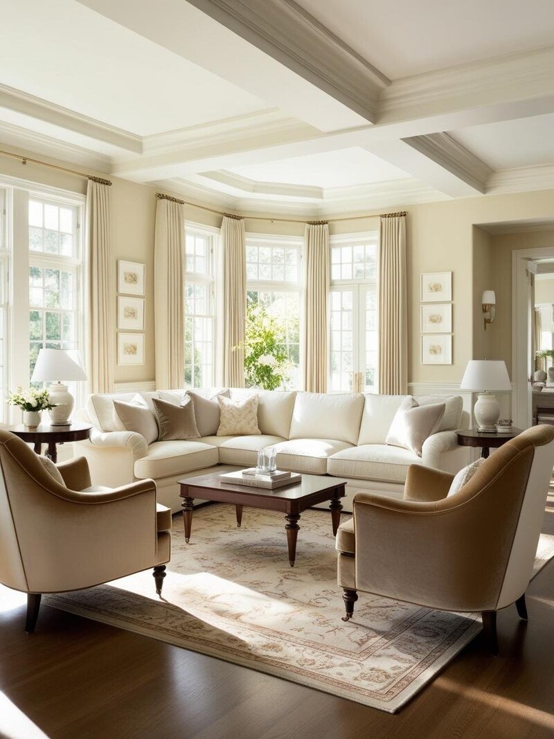 A traditional living room bathed in natural light, featuring a white linen sectional sofa, taupe velvet chairs, and antique rugs. Classic coffee and side tables complement the deep moulding and cream walls.