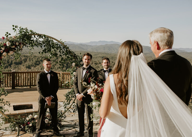 Wedding ceremony starting in front of North Carolina Mountain range