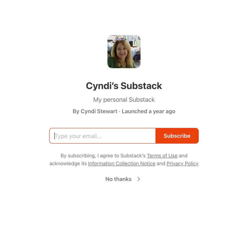 mail subscription prompt for “Cyndi’s Substack,” a personal newsletter by Cyndi Stewart, featuring her profile photo and subscribe button.