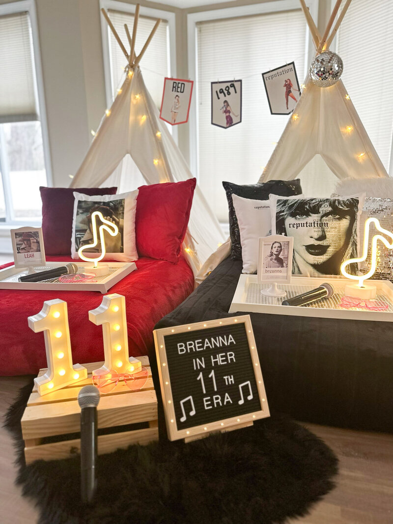 teepee beds with movie theater themed bedding and props