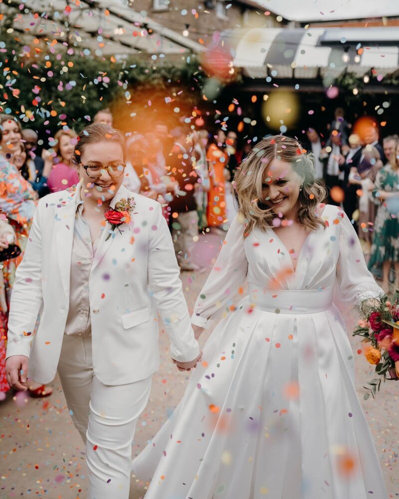 Colourful confetti shot outside venue