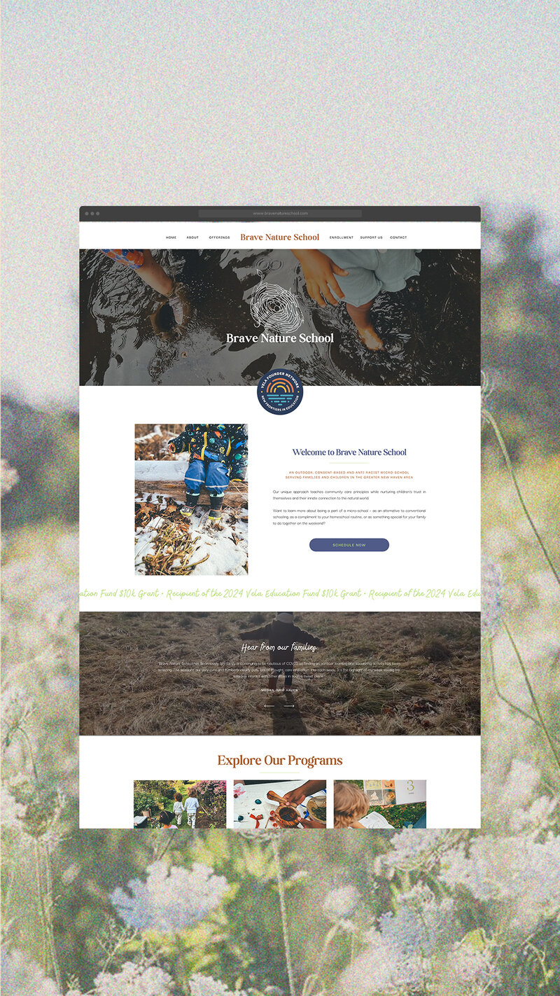 Forest school website homepage showcasing preschool kids having fun outdoors.