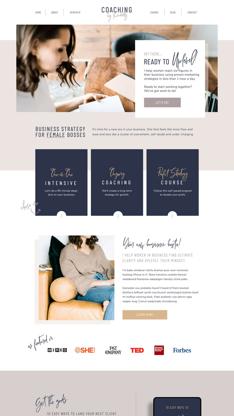 kimberly showit website template homepage design for coachhes and course creators