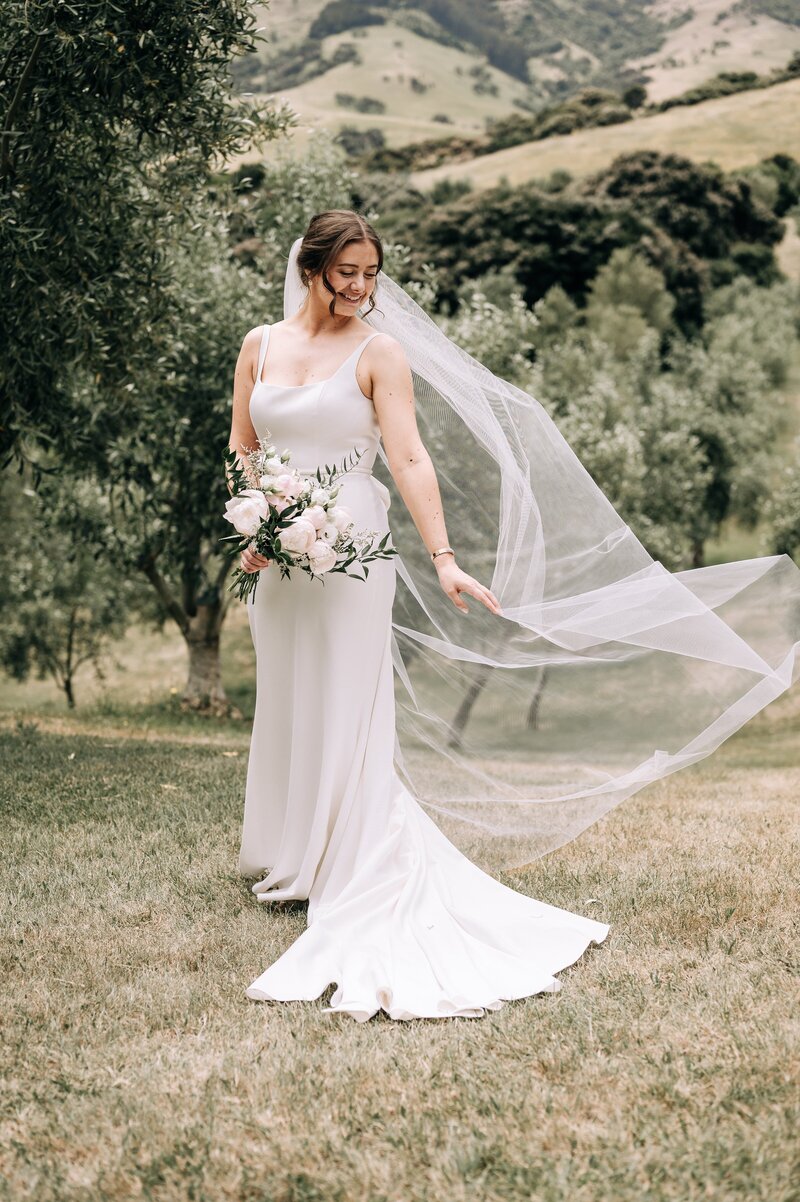 bride fans out veil in an olive grove trees in akaroa on her wedding day