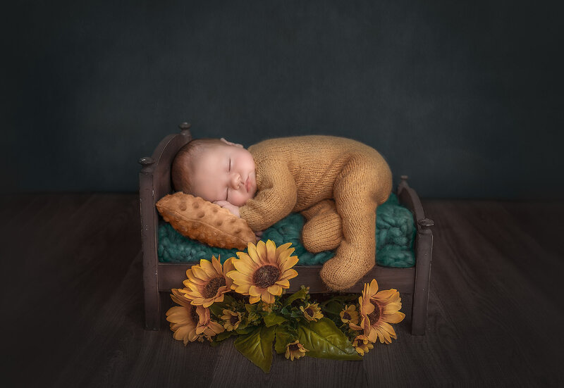 "Sleeping newborn posed on a miniature wooden bed, wrapped in a soft knit blanket during a fine art photography session."