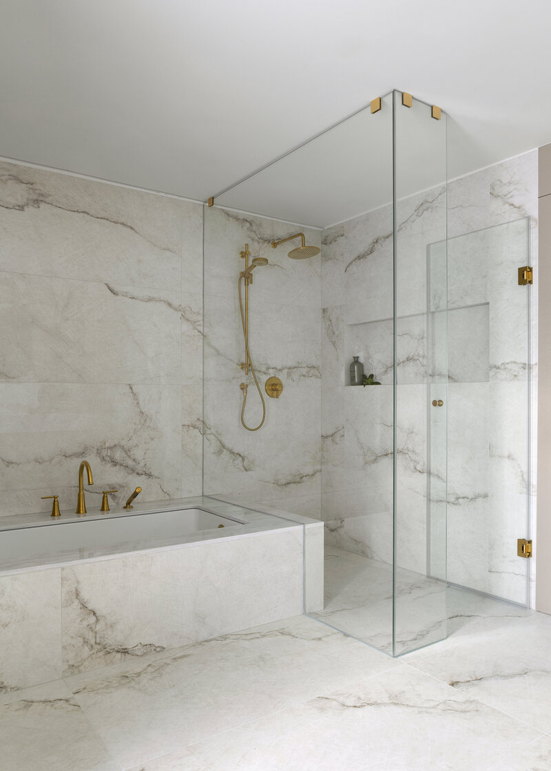 Marble and warm luxury bathroom design, Studio 180 Design, Toronto, ON 