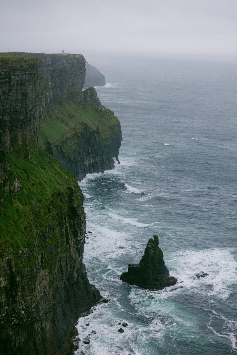 Detailed photo of the cliffs of moher with the cliffs on the left and the occean below on the right