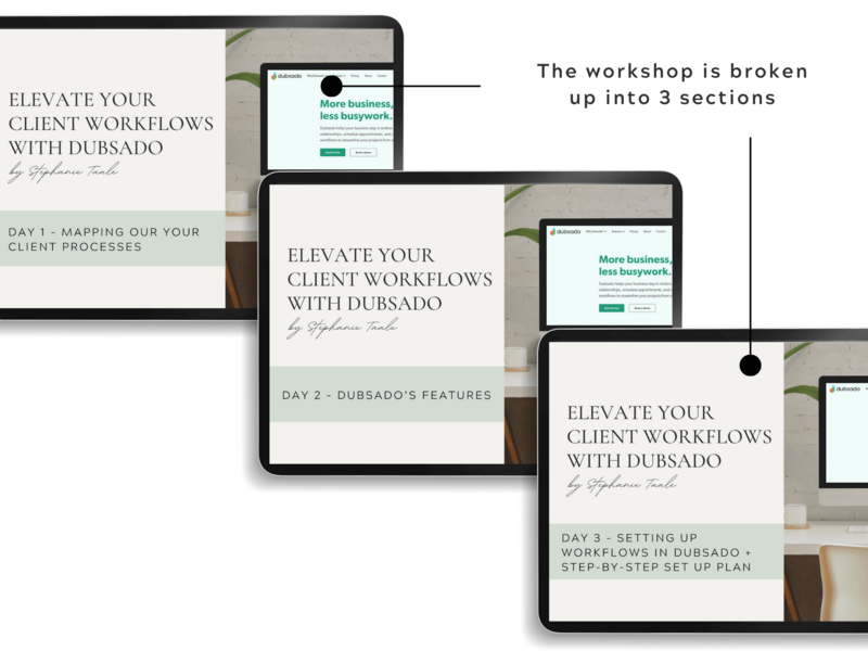 Elevate your client workflow with Dubsado Training - Product Images - Steps broken down by The Streamlined Creative by Stephanie Taale - Business Coach, Client Experience and Systems Strategist for brand and website designers